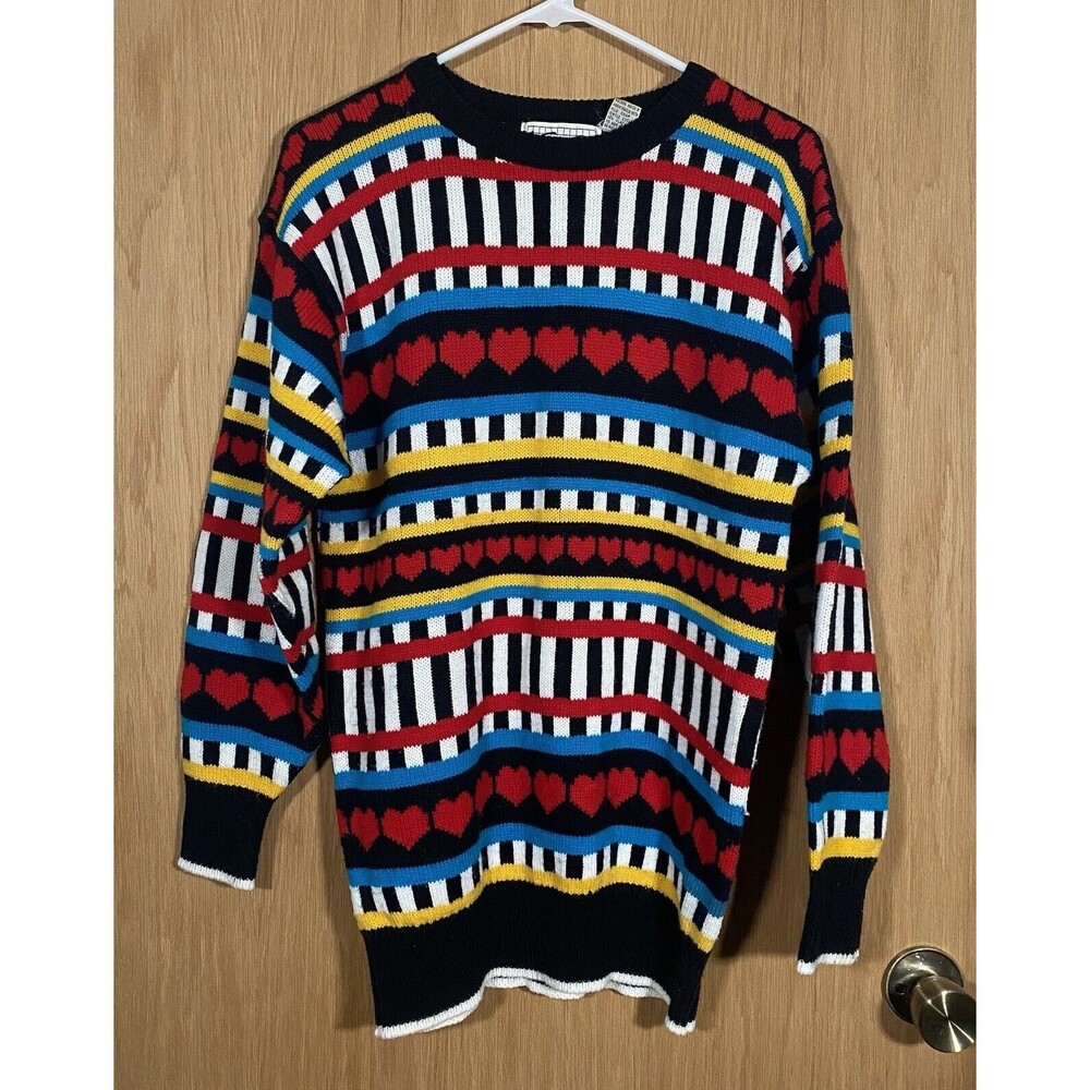 Vtg Knit Works Sweater Hearts Stripes Mixed Media Oversized Crew Neck Women's M
